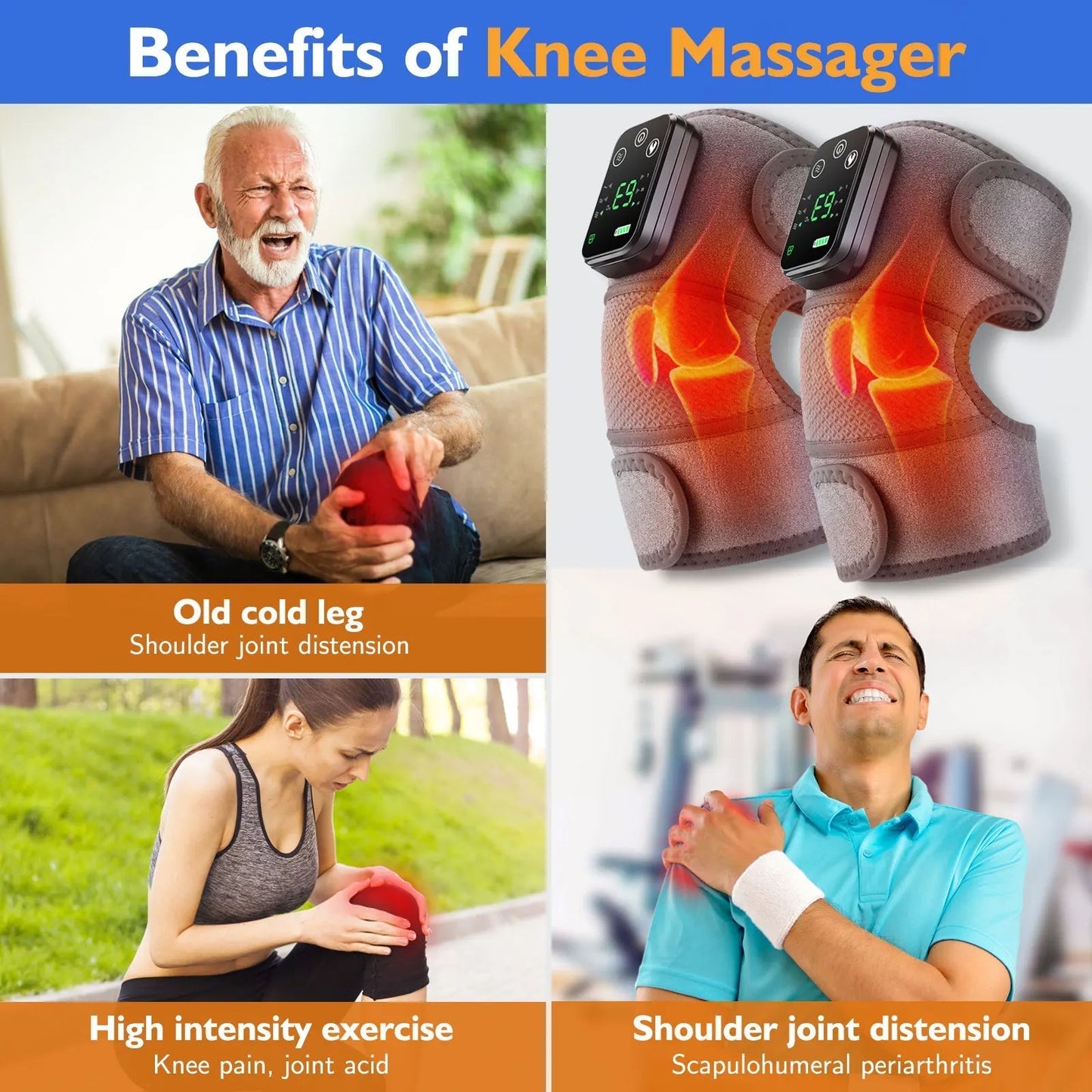 3 i 1 Elektrisk Värme Vibrations Knäledsbandage Terapi Axelsmärtlindring Carvallo